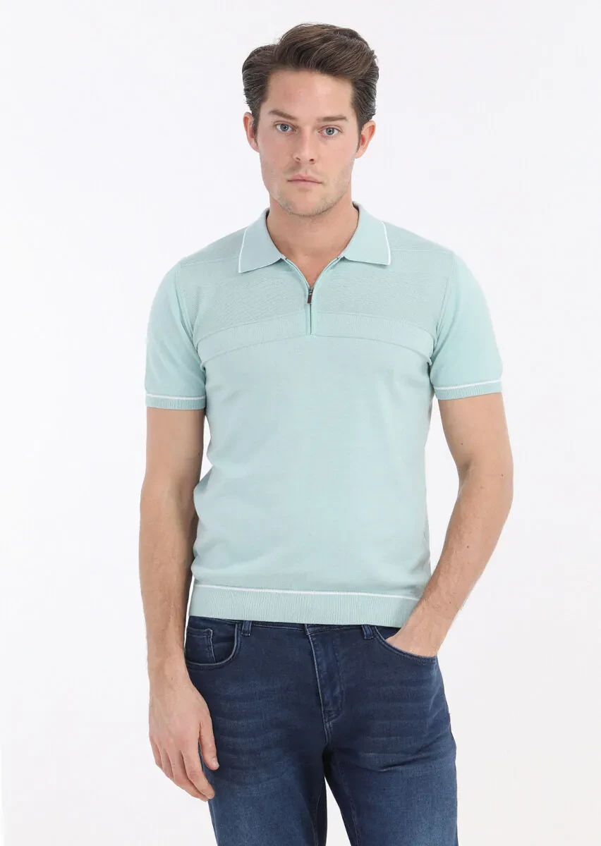 Mint Polo Yaka Jakarlı %100 Pamuk Triko - 2