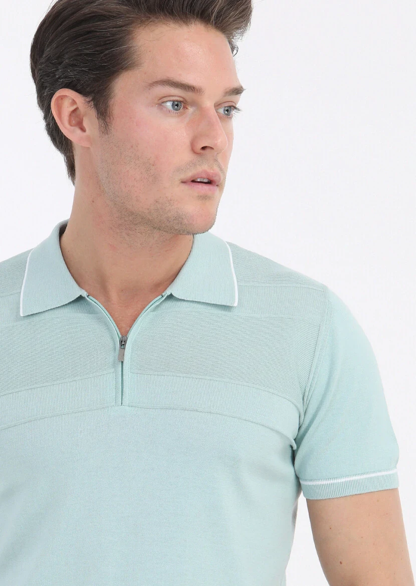 Mint Polo Yaka Jakarlı %100 Pamuk Triko - 3