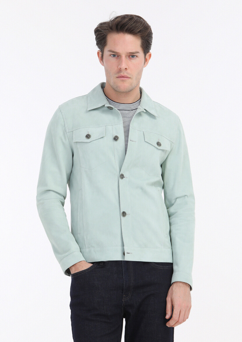 Mint Regular Fit Gömlek Yaka Casual Süet Deri Mont - 3
