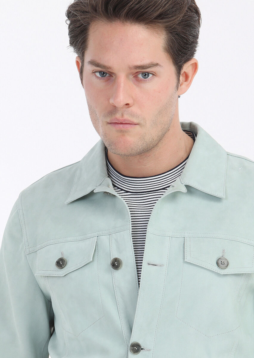 Mint Regular Fit Gömlek Yaka Casual Süet Deri Mont - 4