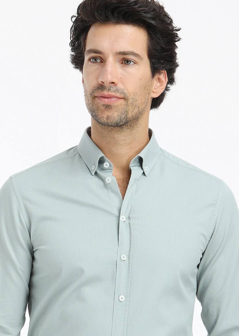 Mint Ribbed Regular Fit Weaving Casual 100% Cotton Shirt 