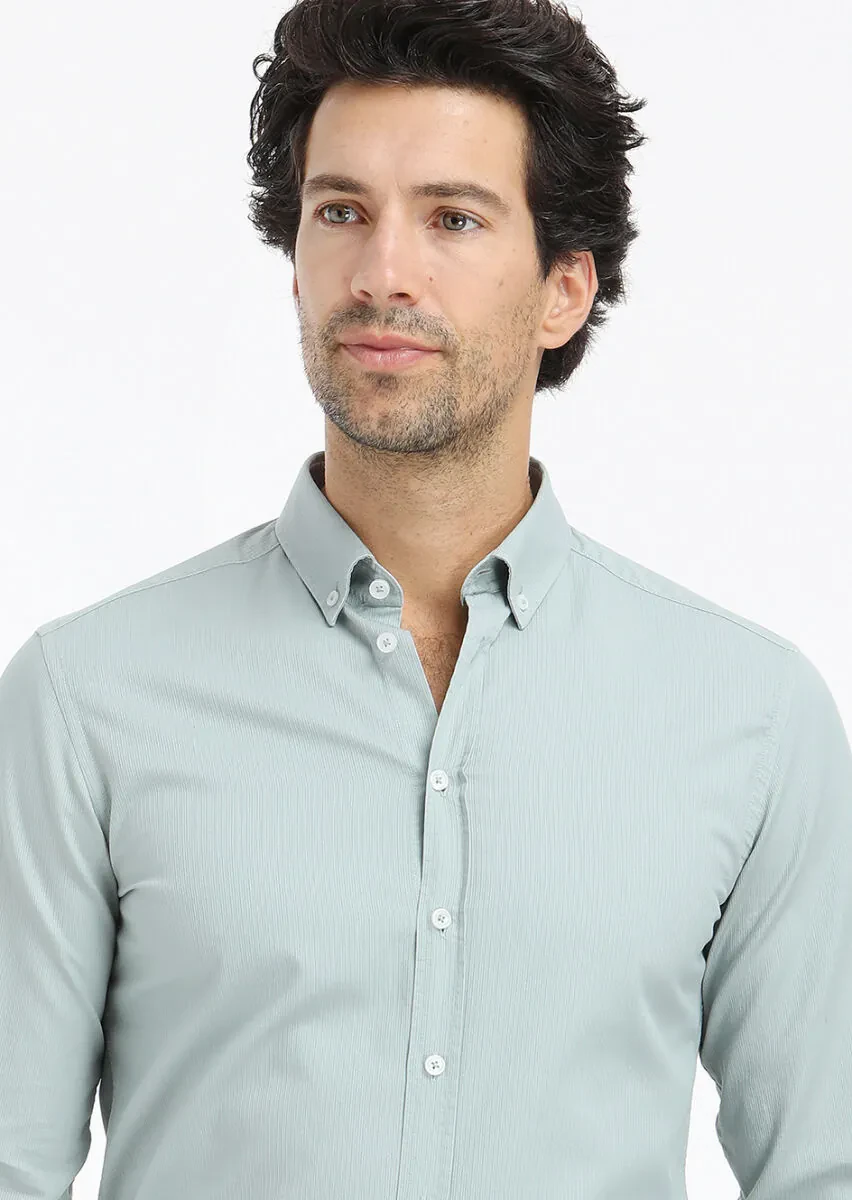 Mint Ribbed Regular Fit Weaving Casual 100% Cotton Shirt - 2
