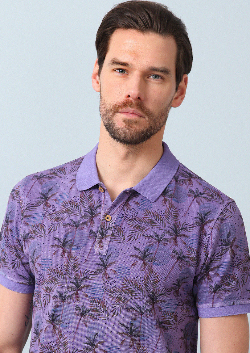 Mor Baskılı Polo Yaka %100 Pamuk T-Shirt - 1