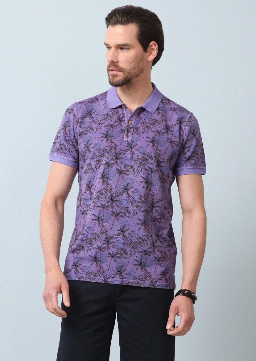 Mor Baskılı Polo Yaka %100 Pamuk T-Shirt 