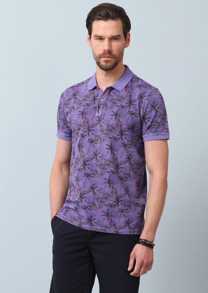 Mor Baskılı Polo Yaka %100 Pamuk T-Shirt - 4