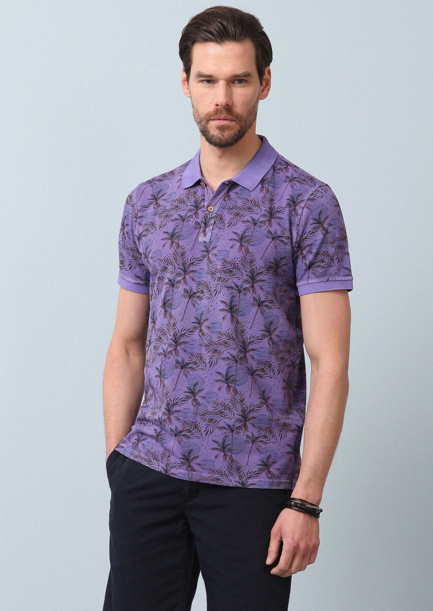 Mor Baskılı Polo Yaka %100 Pamuk T-Shirt - 4