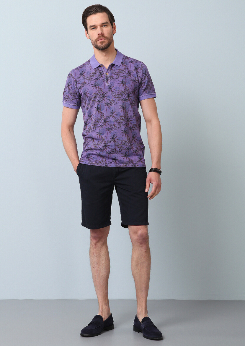 Mor Baskılı Polo Yaka %100 Pamuk T-Shirt - 5