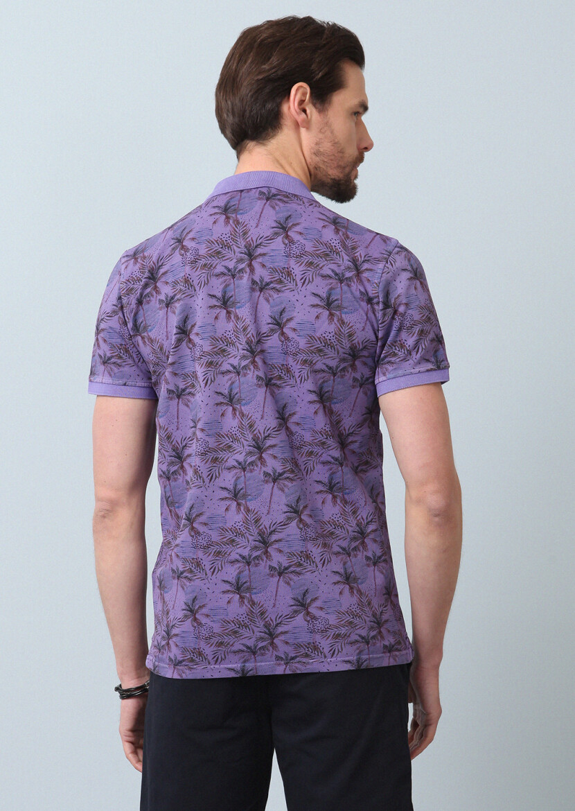Mor Baskılı Polo Yaka %100 Pamuk T-Shirt - 6