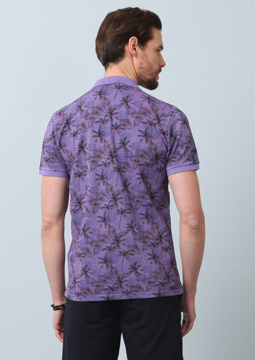 Mor Baskılı Polo Yaka %100 Pamuk T-Shirt - 7