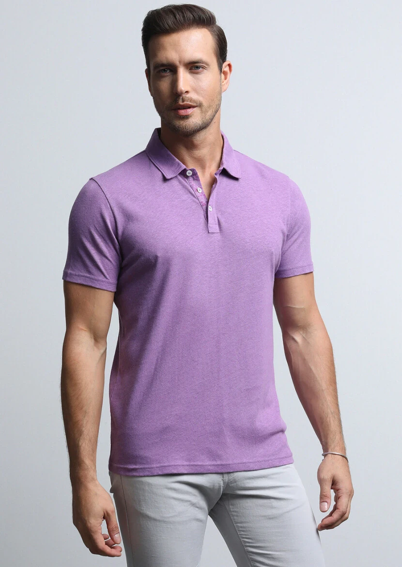 Mor Baskılı Polo Yaka Pamuk Karışımlı T-Shirt - 1