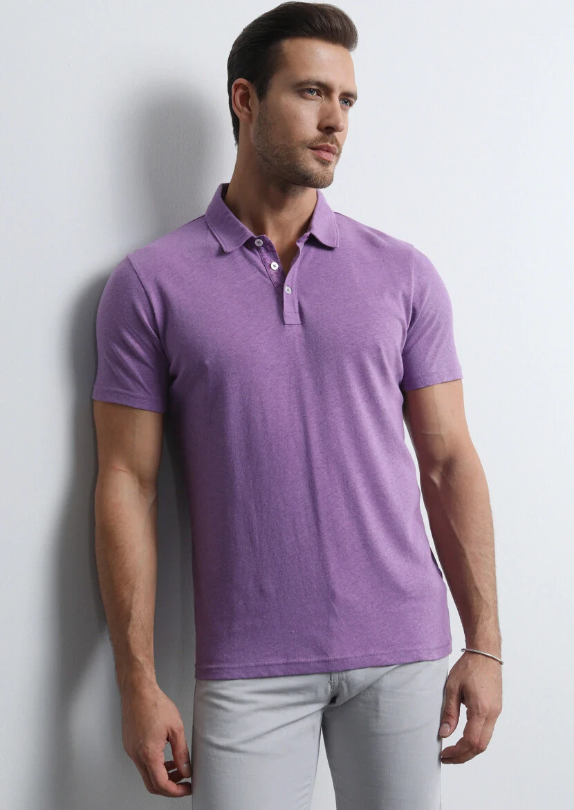 Mor Baskılı Polo Yaka Pamuk Karışımlı T-Shirt 