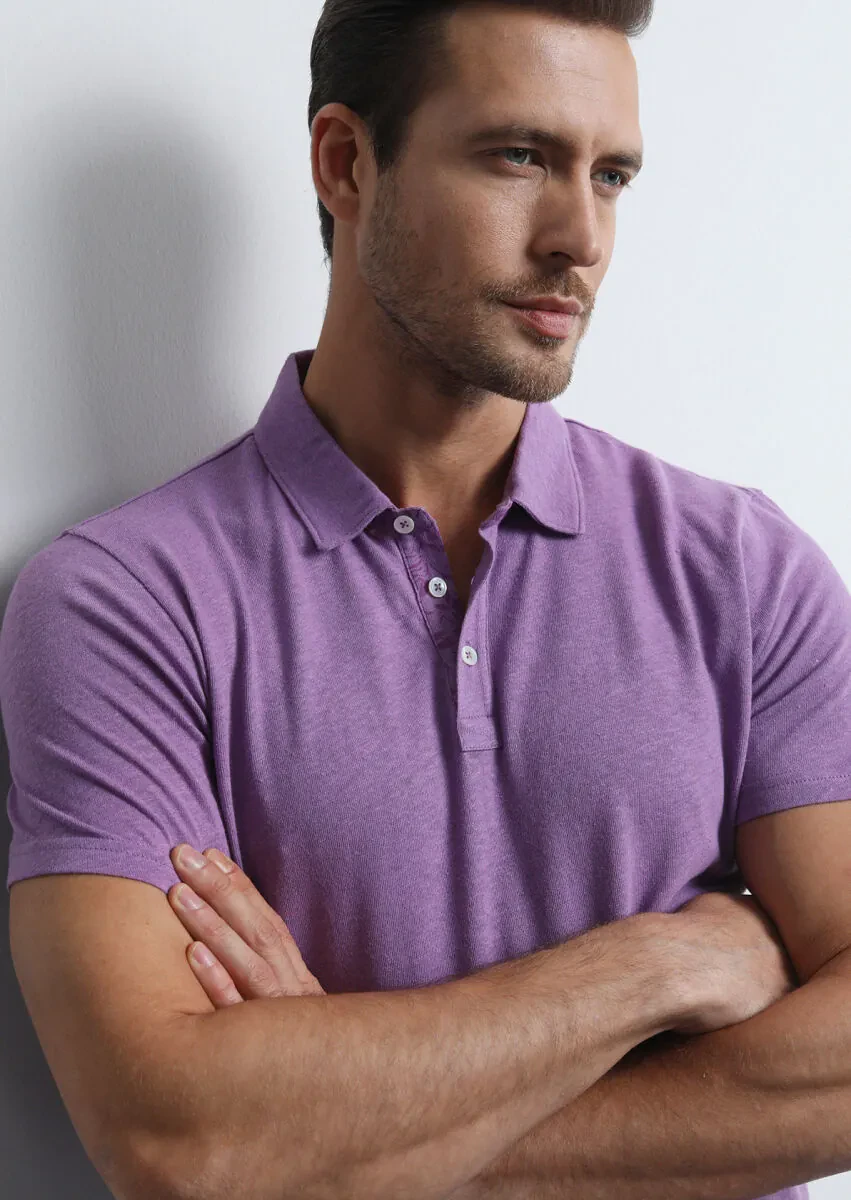 Mor Baskılı Polo Yaka Pamuk Karışımlı T-Shirt - 3
