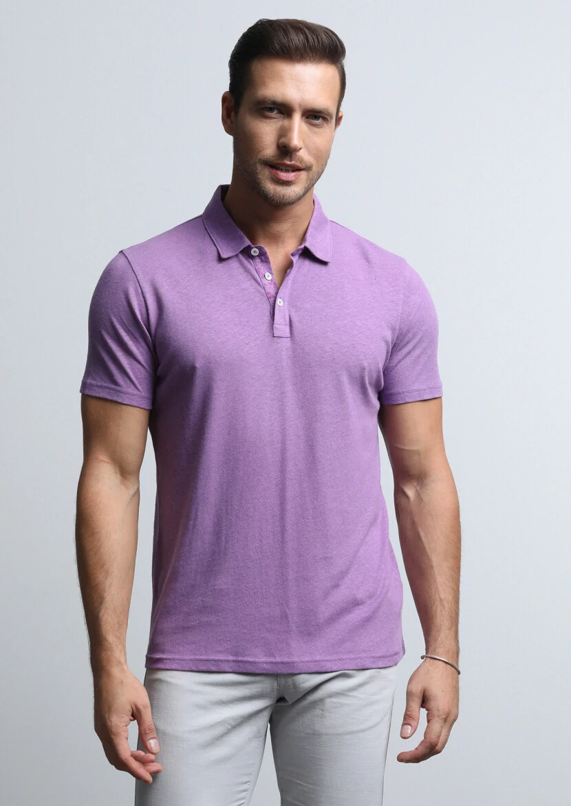 Mor Baskılı Polo Yaka Pamuk Karışımlı T-Shirt - 4