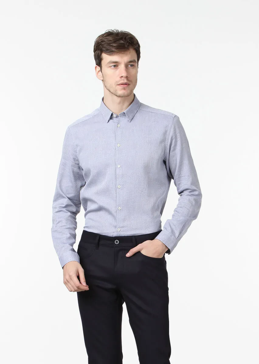 Mor Desenli Fitted Fit Dokuma Casual %100 Pamuk Gömlek - 1