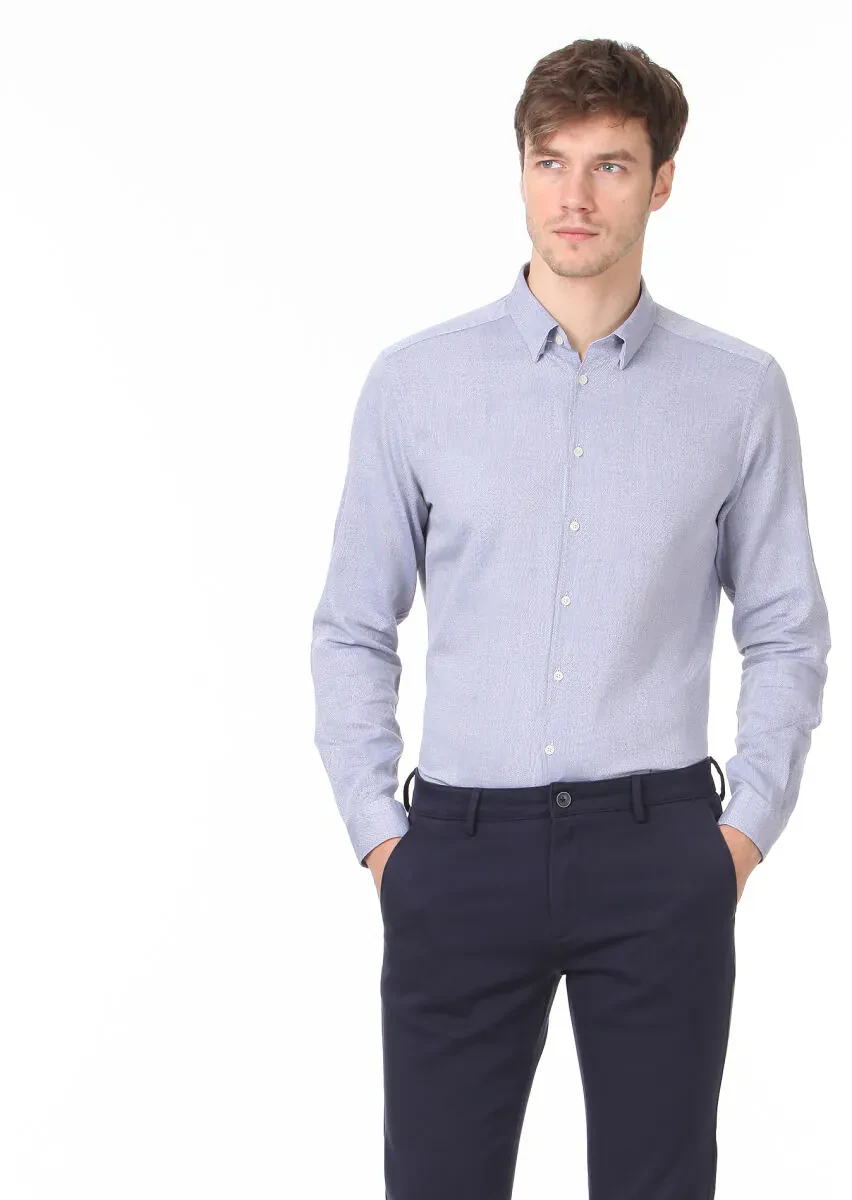 Mor Desenli Fitted Fit Dokuma Casual %100 Pamuk Gömlek - 3