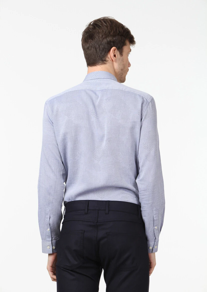 Mor Desenli Fitted Fit Dokuma Casual %100 Pamuk Gömlek - 4