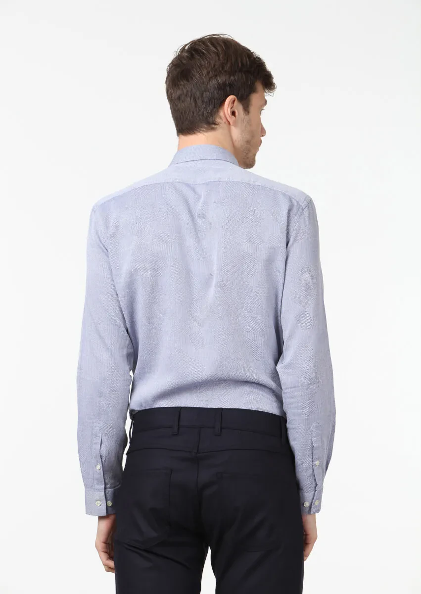 Mor Desenli Fitted Fit Dokuma Casual %100 Pamuk Gömlek - 4