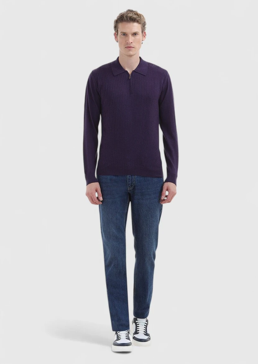 Mor Polo Yaka Jakarlı %100 Yün Triko Kazak - 1