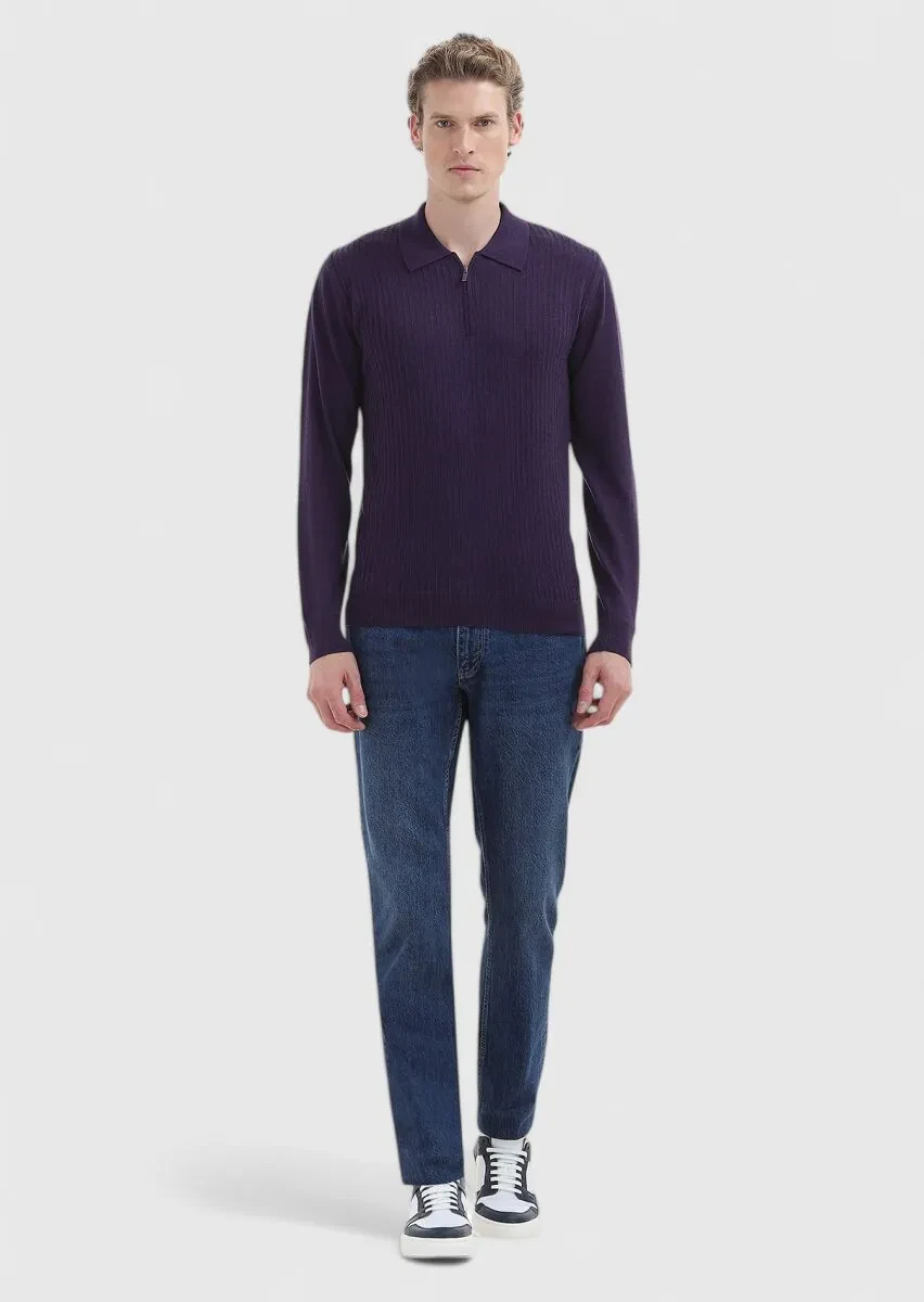 Mor Polo Yaka Jakarlı %100 Yün Triko Kazak - 1
