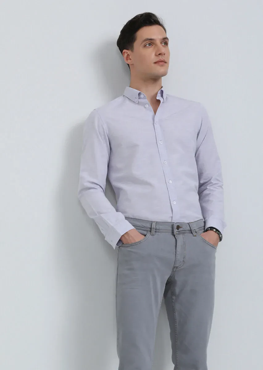 Mor Slim Fit Dokuma Casual Pamuk Karışımlı Gömlek - 3