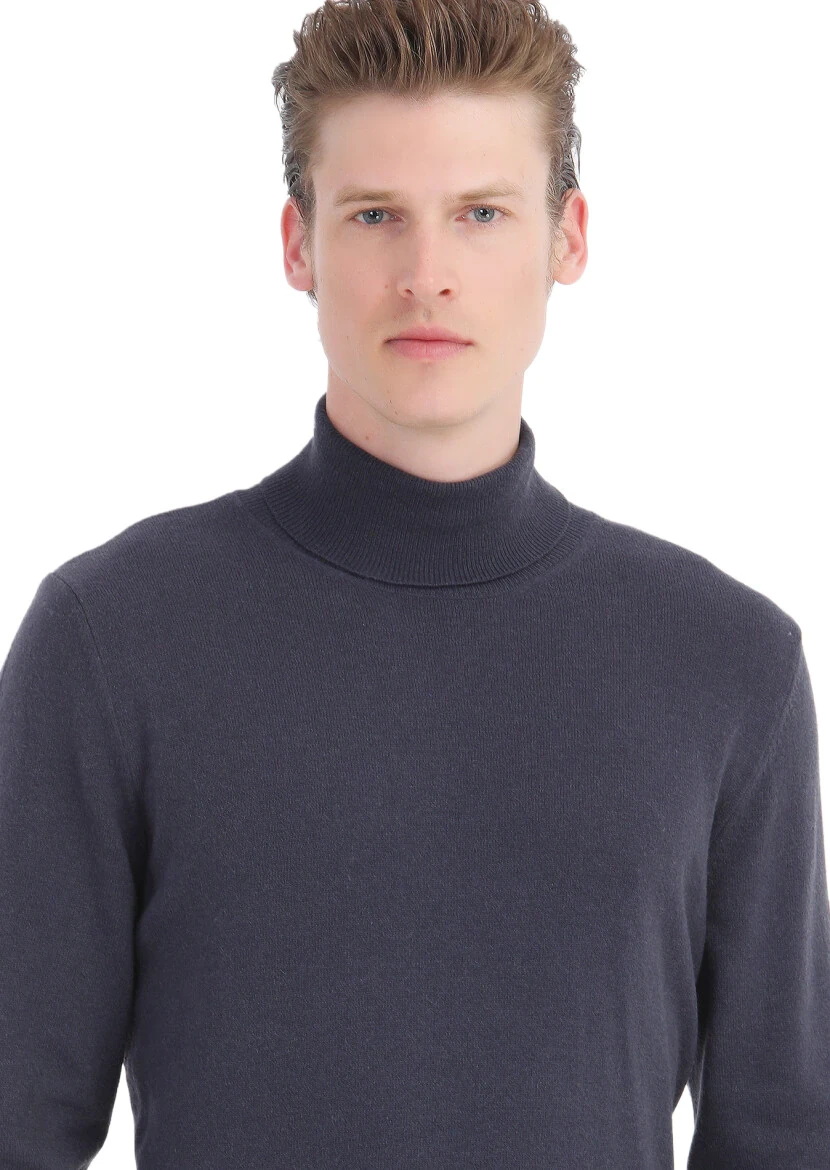 Mor Tam Balıkçı Yaka Jakarlı Yün Karışımlı Triko Kazak - RAMSEY