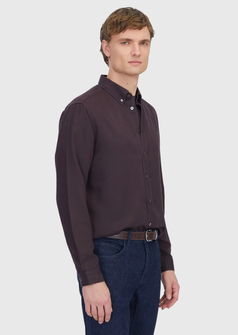 Mürdüm Düz Dokuma Casual Gömlek - 3