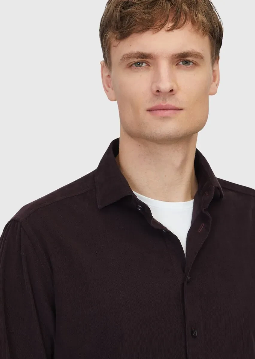 Mürdüm Düz Dokuma Kadife Casual %100 Pamuk Gömlek - 3