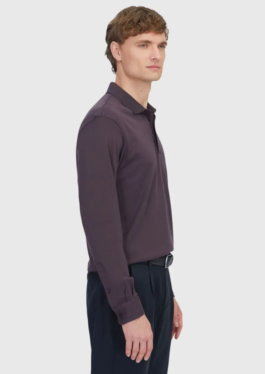 Mürdüm Düz Polo Yaka %100 Pamuk T-Shirt - 3