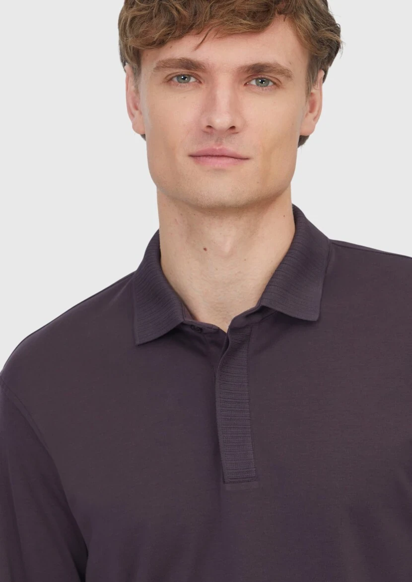 Mürdüm Düz Polo Yaka %100 Pamuk T-Shirt - 4