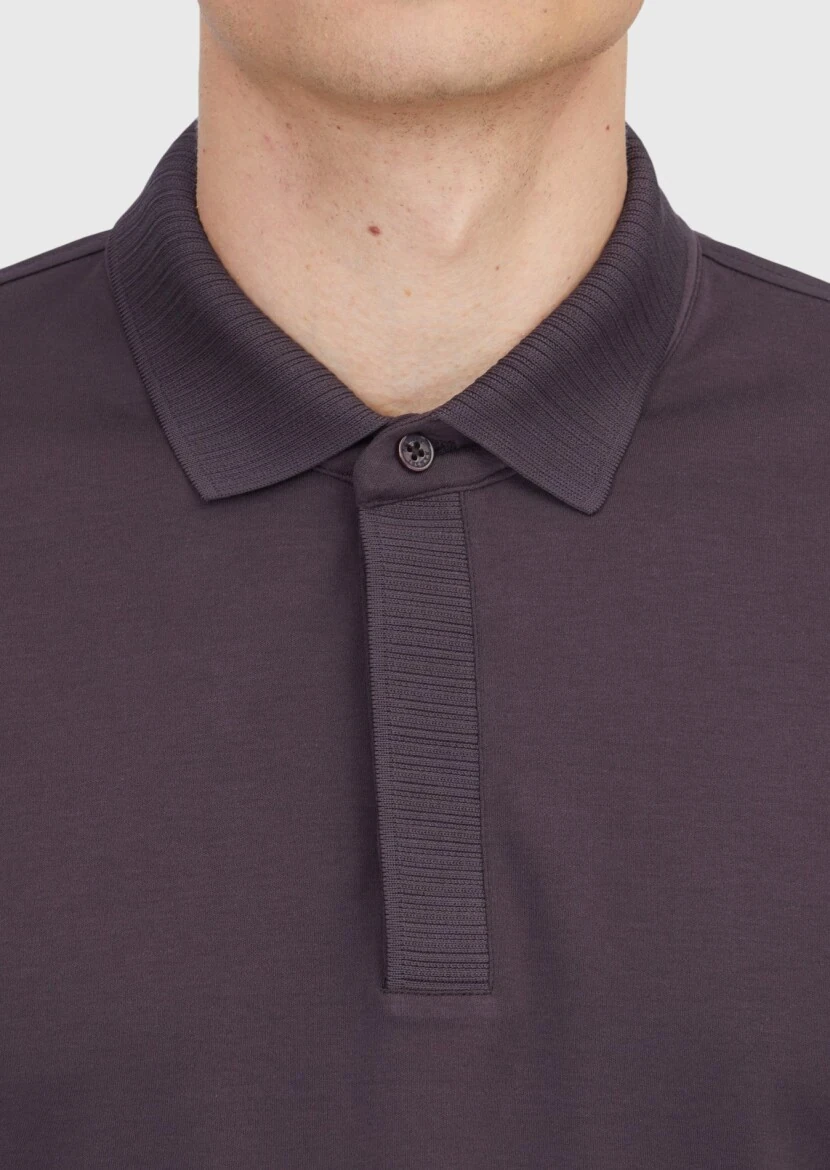 Mürdüm Düz Polo Yaka %100 Pamuk T-Shirt - 5