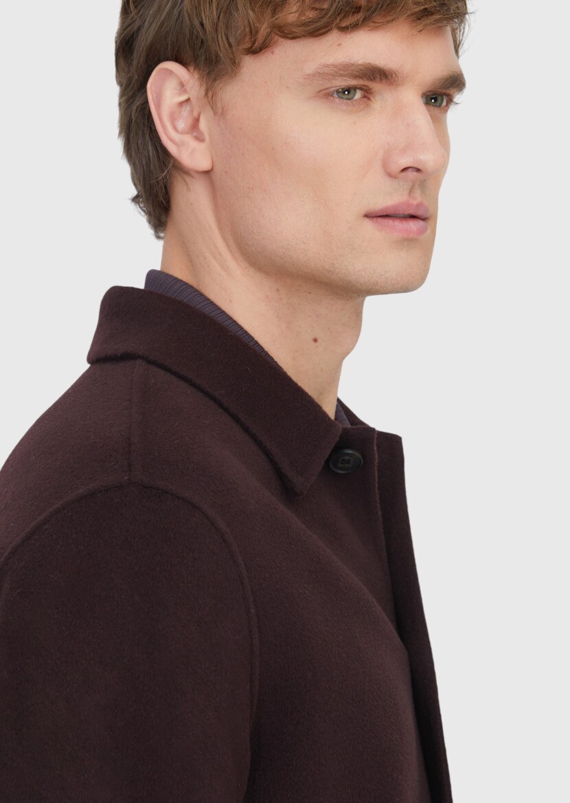 Mürdüm Düz Regular Fit Dokuma Yün Karışımlı Overshırt - 4