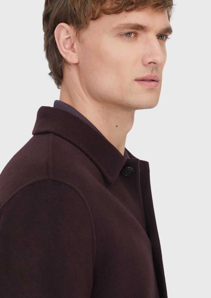 Mürdüm Düz Regular Fit Dokuma Yün Karışımlı Overshırt - 4