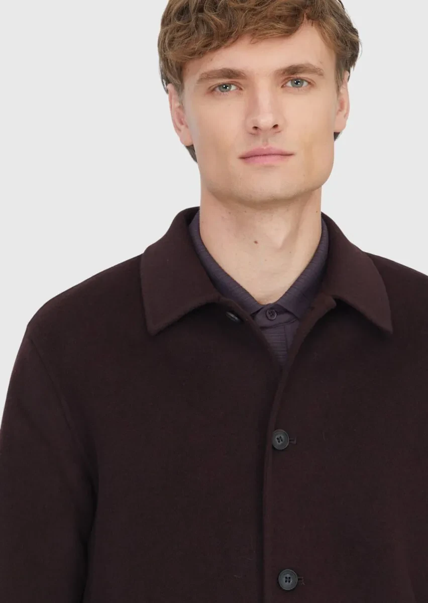 Mürdüm Düz Regular Fit Dokuma Yün Karışımlı Overshırt - 3