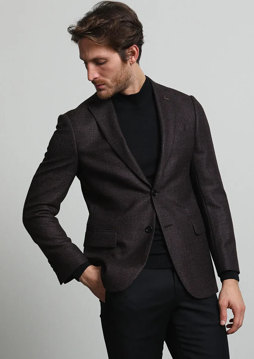Mürdüm Düz Regular Fit İpek Karışımlı Ceket - 3