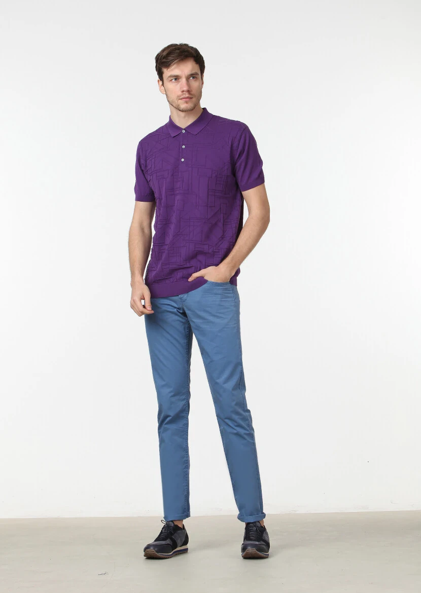 Mürdüm Polo Yaka Jakarlı %100 Pamuk Triko - 2