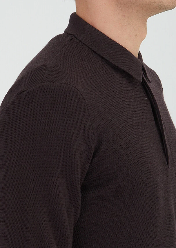 Mürdüm Polo Yaka Jakarlı Yün Karışımlı Triko Kazak - 3
