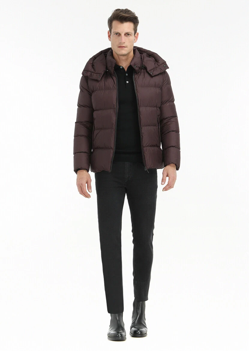 Mürdüm Regular Fit Kapüşonlu Casual Dokuma Mont - 1