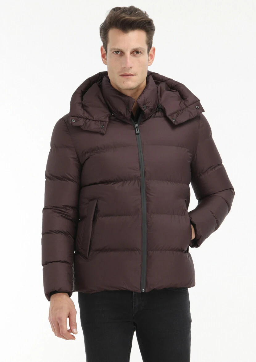 Mürdüm Regular Fit Kapüşonlu Casual Dokuma Mont 