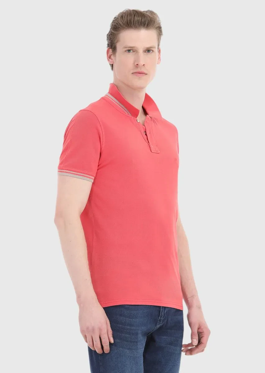 Nar Çiçeği Düz Polo Yaka %100 Pamuk T-Shirt - 3