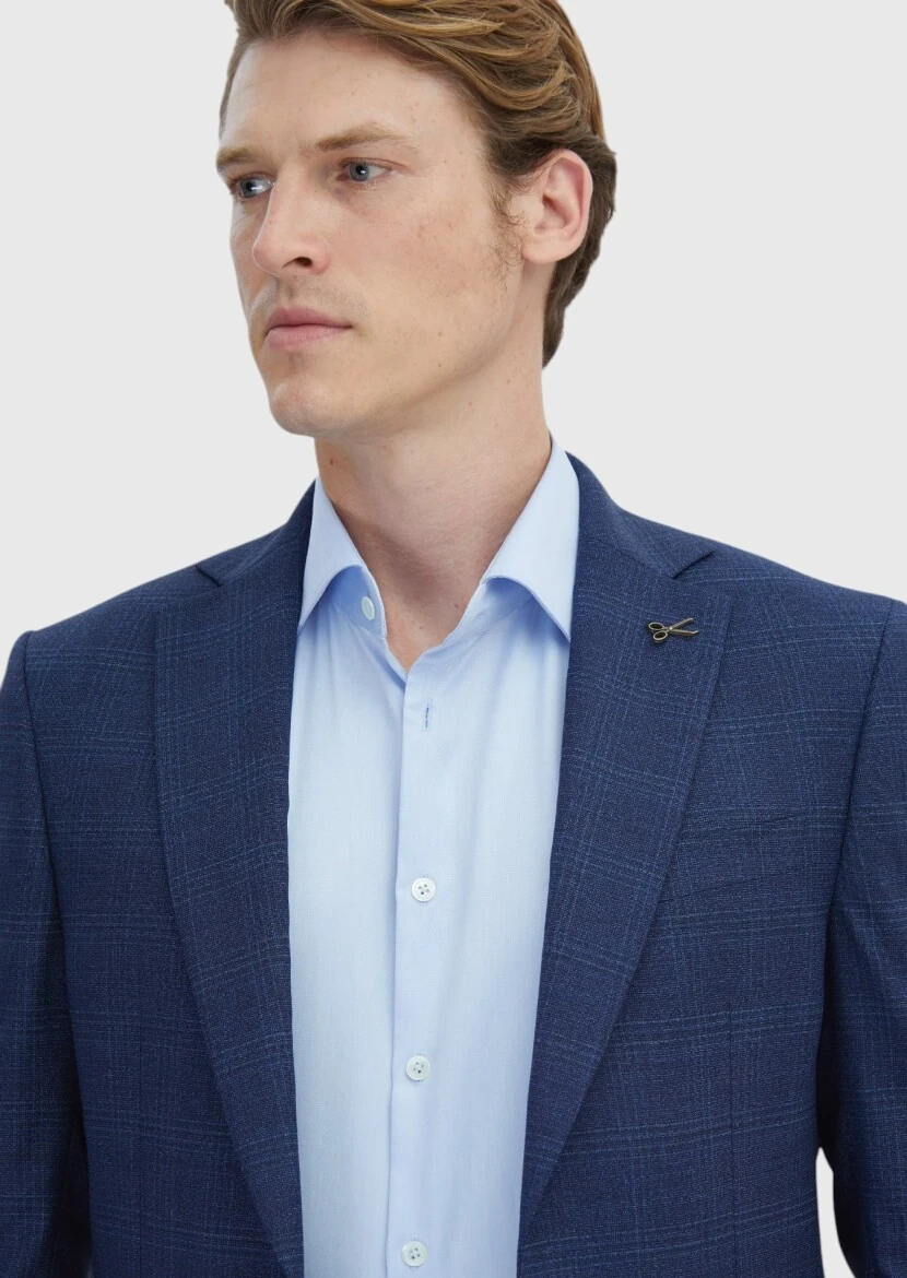 Navy Blue Checkered Modern Fit 100% Wool Suit - 4