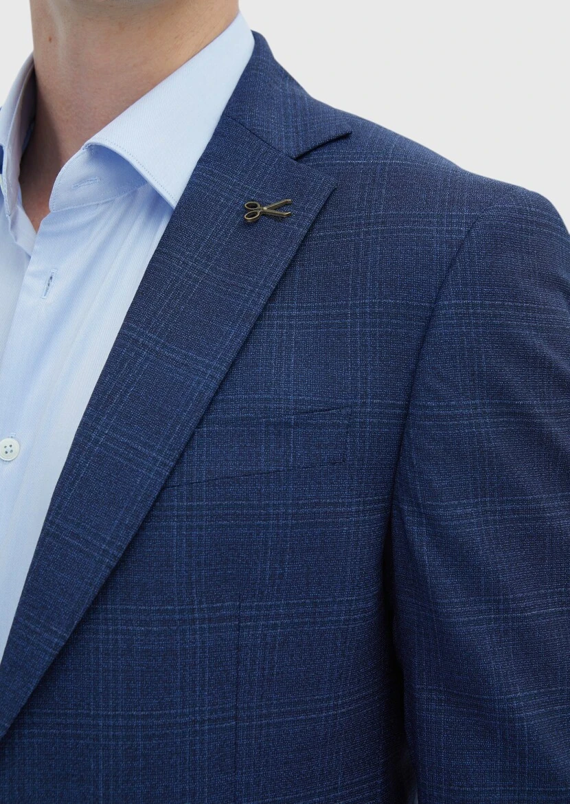 Navy Blue Checkered Modern Fit 100% Wool Suit - 5