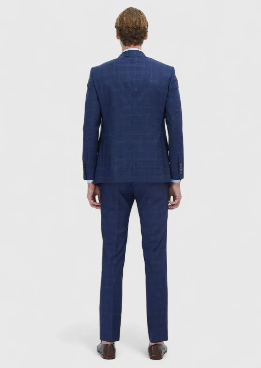 Navy Blue Checkered Modern Fit 100% Wool Suit - 6