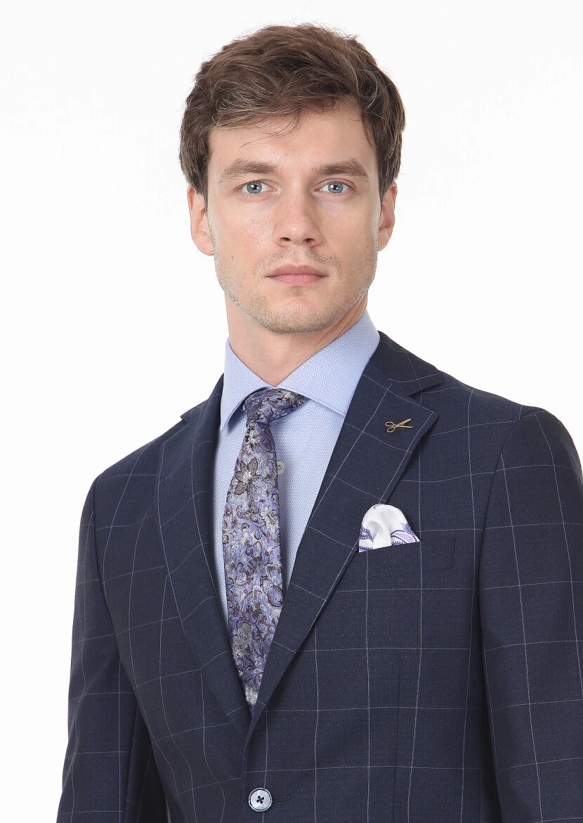 Navy Blue Checkered Modern Fit Wool Blended Suit - 2