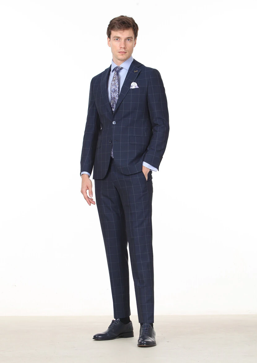 Navy Blue Checkered Modern Fit Wool Blended Suit - 3