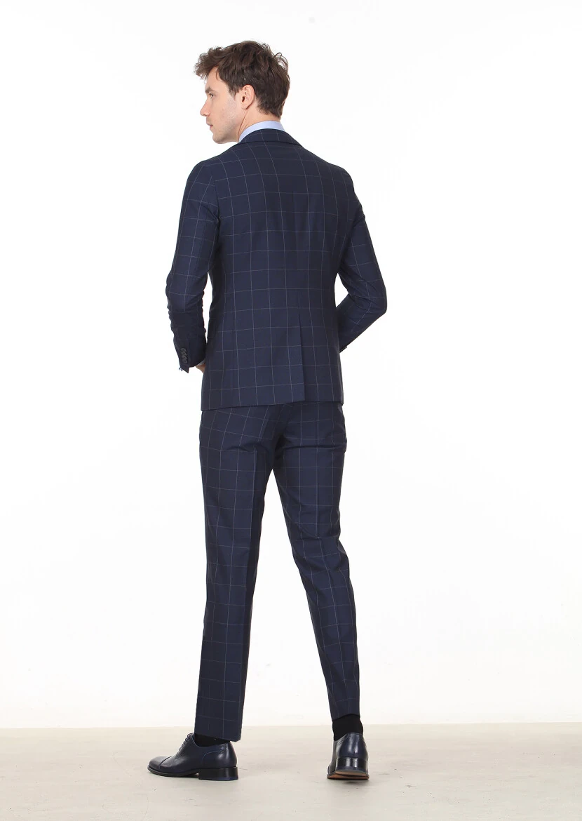 Navy Blue Checkered Modern Fit Wool Blended Suit - 4