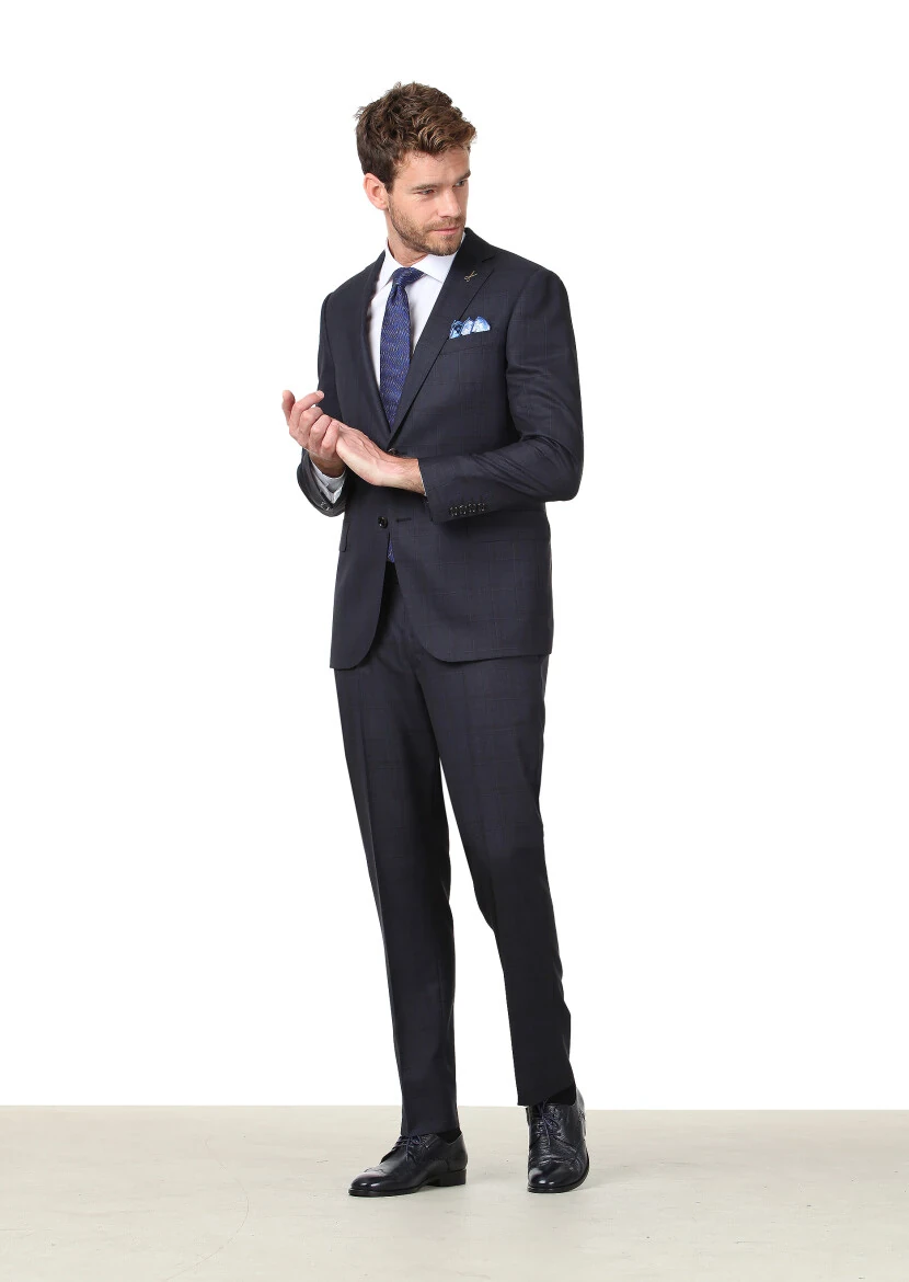 Navy Blue Checkered Regular Fit 100% Wool Suit - 1
