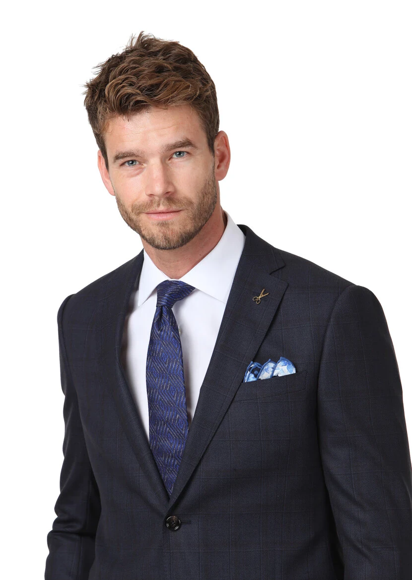 Navy Blue Checkered Regular Fit 100% Wool Suit - 3