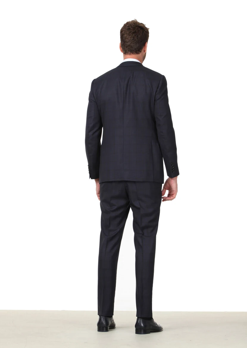 Navy Blue Checkered Regular Fit 100% Wool Suit - 4