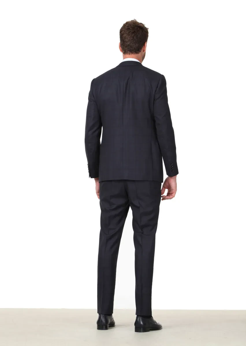 Navy Blue Checkered Regular Fit 100% Wool Suit - 4