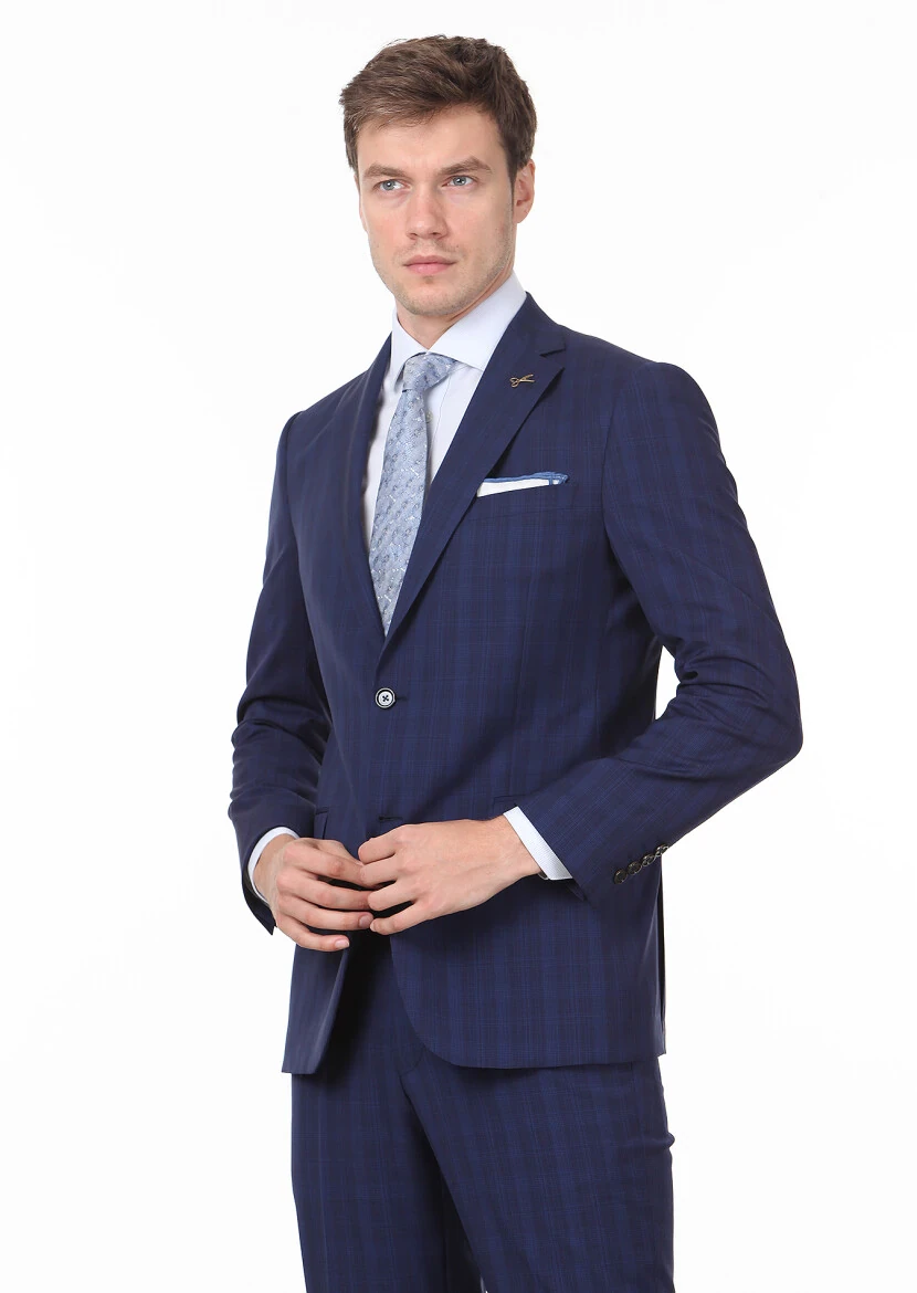 Navy Blue Checkered Regular Fit 100% Wool Suit - 1